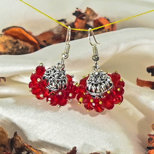 SILVER & RED CRYSTAL JHUMKAY